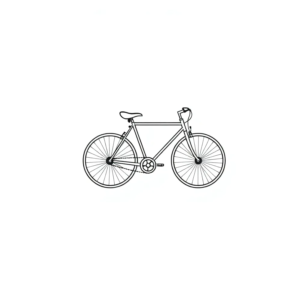Una silueta lateral de línia fina d’una bicicleta amb delicats radis puntejats i un retall de ‘carretera’ en espai negatiu que forma un microsímbol urbà.