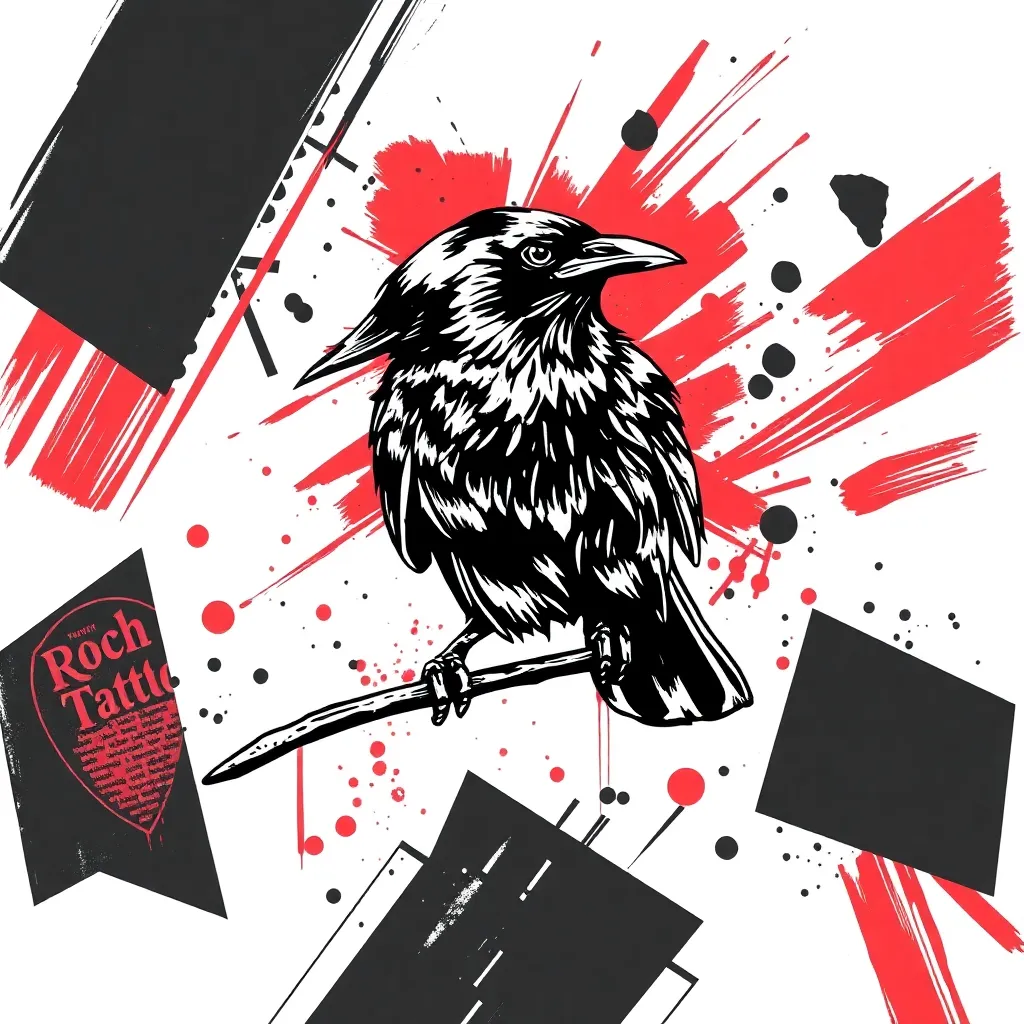 A realistic raven integrated with bold red brushstrokes, torn newspaper fragments and stark black geometric shapes in a trash-polka composition