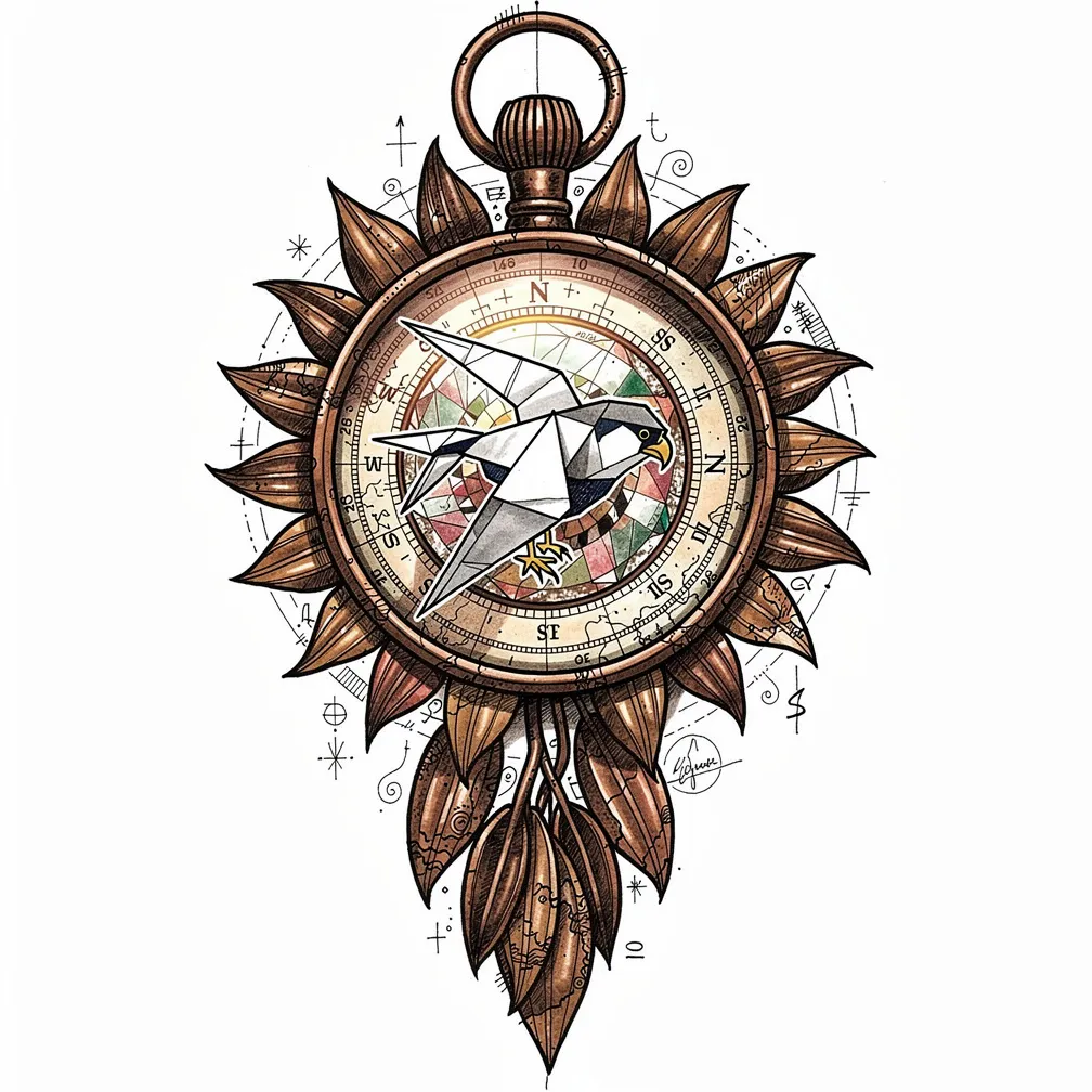 An illustrative antique pocket compass as a sunflower seed pod with ribbed copper petals, latitude engravings, and a tiny lamp-lit kaleidoscope showing a diving peregrine falcon.