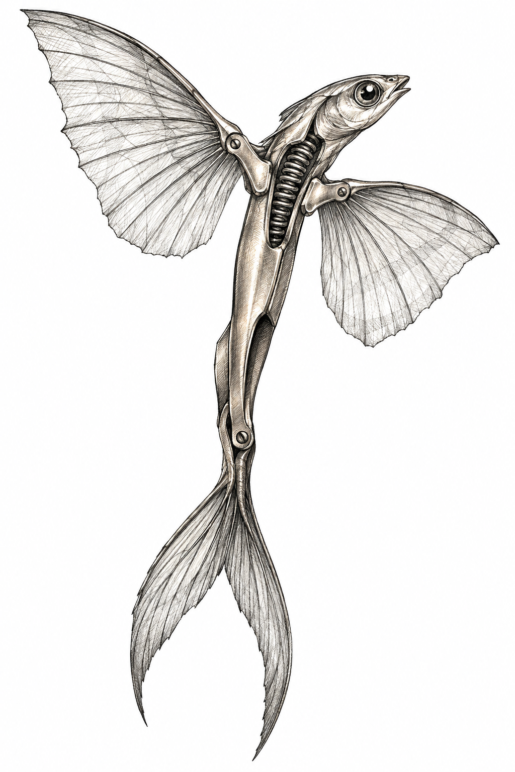 An illustrative flying fish talisman inspired by a brass microscope slide clip, with translucent fins, a forked tail, and a bright bead eye on a plain background.