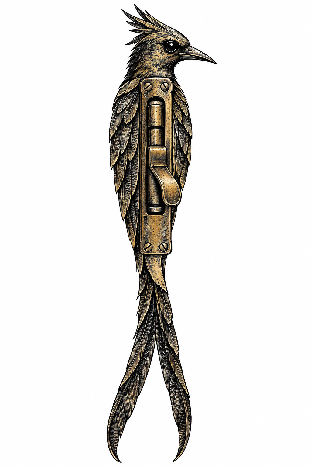 An illustrative drongo talisman designed from an antique brass slide latch, with layered plumage, a forked tail, a bead eye, and a pointed beak on a plain background.