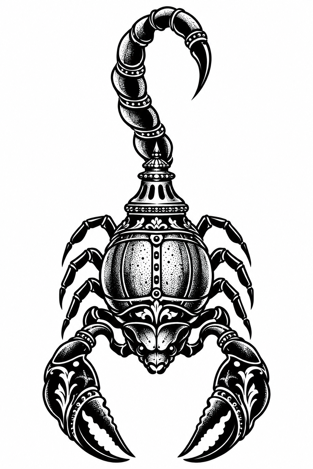A blackwork tattoo of an antique oil lamp reimagined as a regal scorpion talisman with plated abdomen, arched tail, pincers, and worn patina.