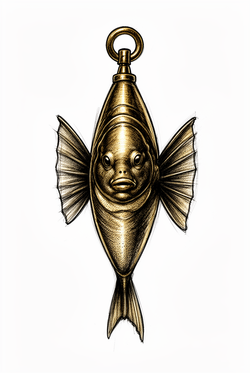 En illustrativ loddsnor i antikk messing, nytolket som en rolig flaggermusfisk-talisman med vingelignende finner, et butt ansikt og en enkel bakgrunn.