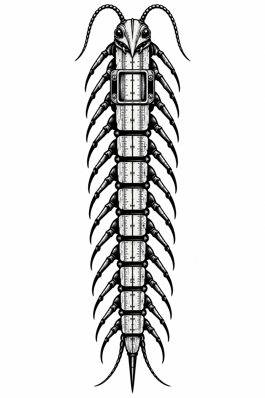A blackwork centipede talisman made from a vintage slide rule, with segmented scales, bead eyes, fine calibration marks, and worn mechanical detail.