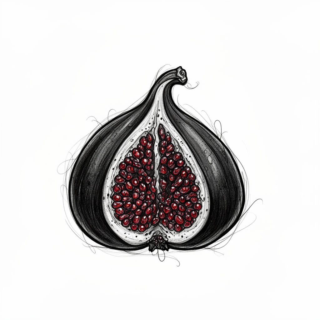 An illustrative tattoo of a split-open black fig with folded petals, a crimson seeded center, and a curling stem on a plain background.