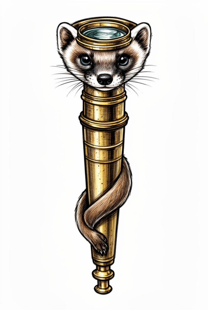Ilustrativní starožitný okulár mikroskopu proměněný v symetrický tchoří talisman s korálkovýma očima, malým nosem a vyrytými kovovými detaily.