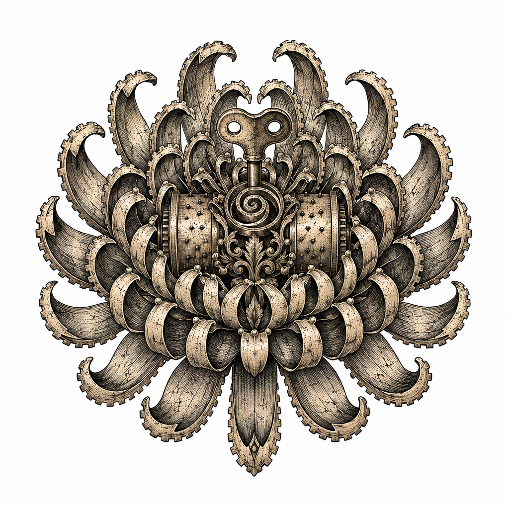 An illustrative moonlit chrysanthemum talisman shaped like an antique brass music box cylinder with gear-tooth petals, a spiral center, and delicate filigree.