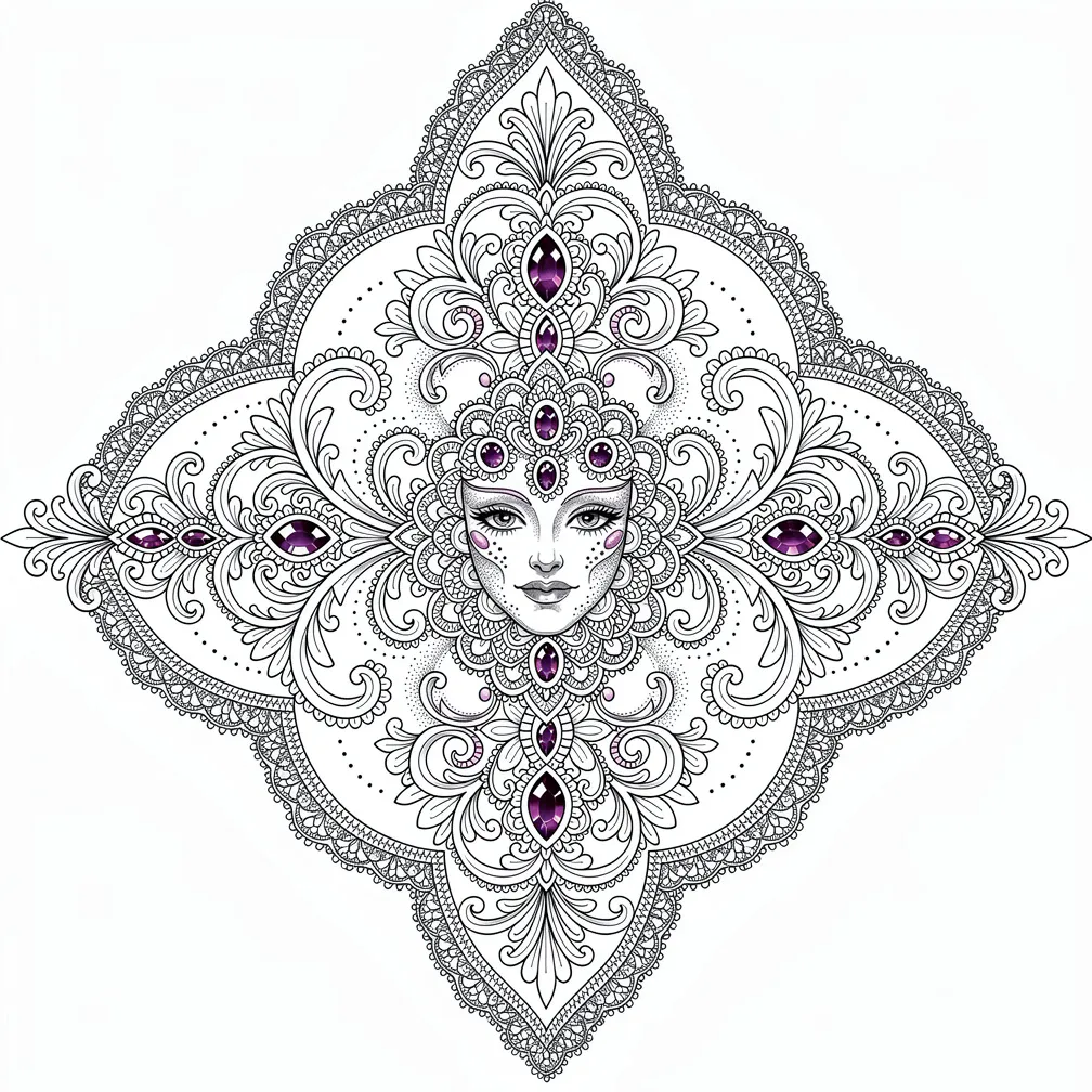 A perfectly symmetrical ornamental chest piece with floral filigree, lace-like borders and jewel accents in ornamental style