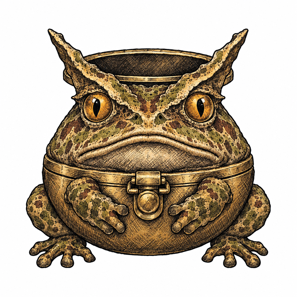 An illustrative tattoo of an Argentine horned frog transformed from an antique brass monocle case, with amber eyes, horn-like brows, and a grumpy expression on a plain background.