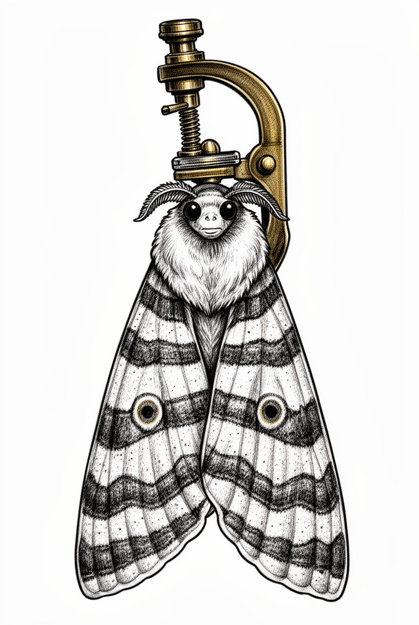 An illustrative carpet moth talisman with a brass microscope clip transformed into a velvety thorax, scalloped wings, and tiny bead-black eyes on a plain background.