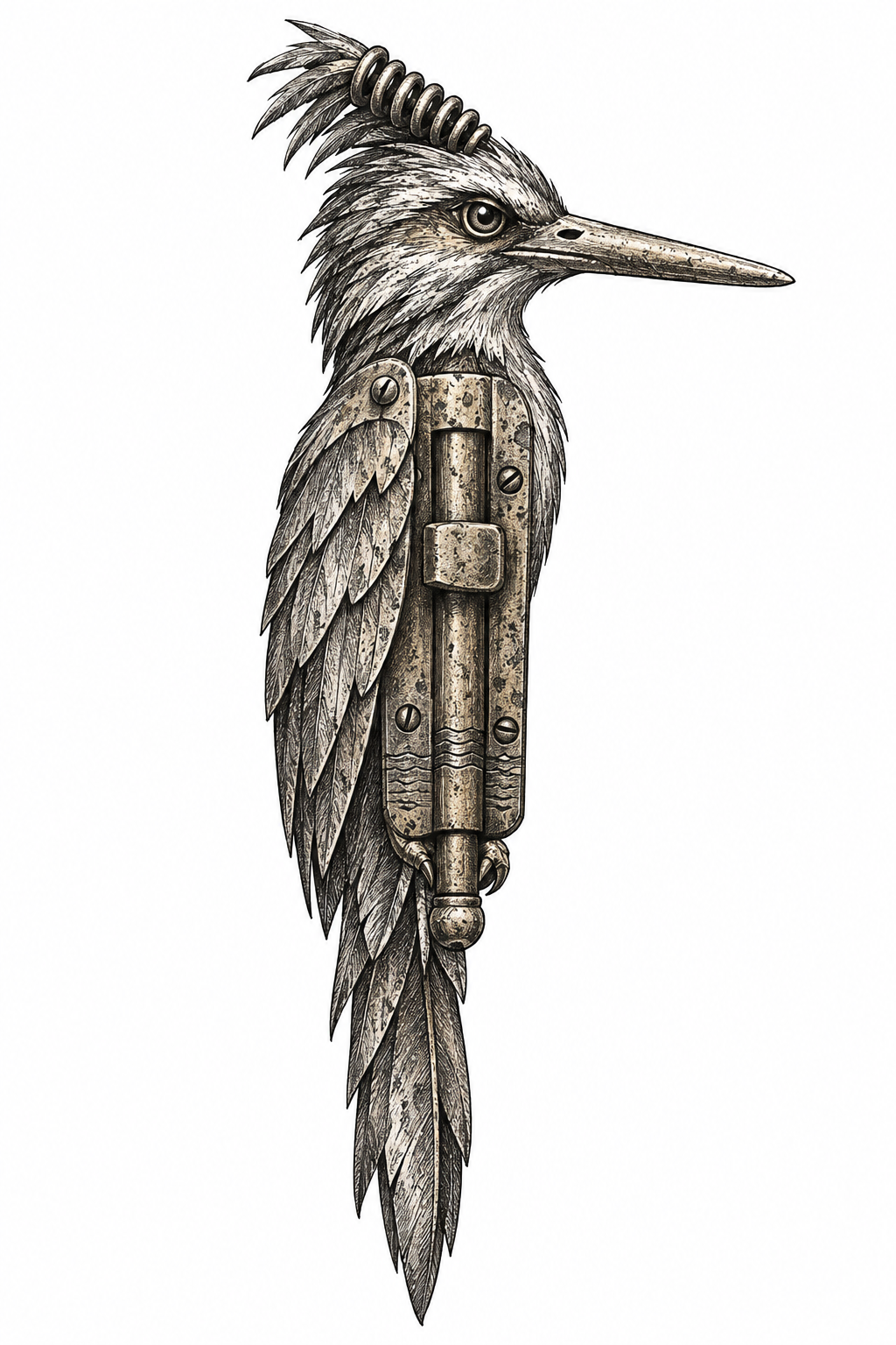 An illustrative antique brass sliding bolt transformed into a kingfisher talisman with a beak-like latch, crest coil, and engraved waterline marks.