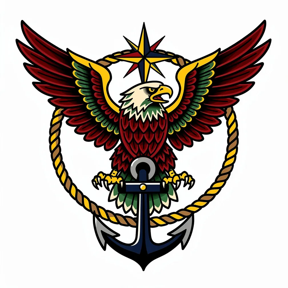 A traditional-style fierce eagle with outstretched wings clutching an anchor, framed by nautical rope and compass roses in bold colors and strong black outlines.