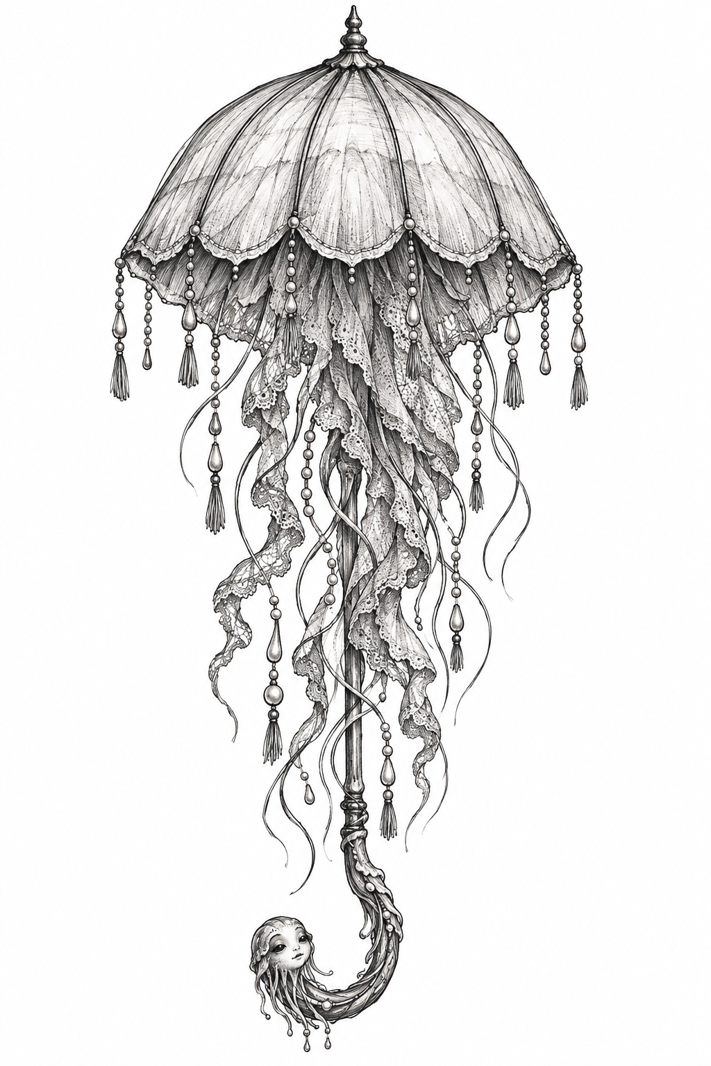 An illustrative antique parasol transformed into a translucent jellyfish with lace-like tentacles, pearl tassels, and a serene jellyfish face on the handle.