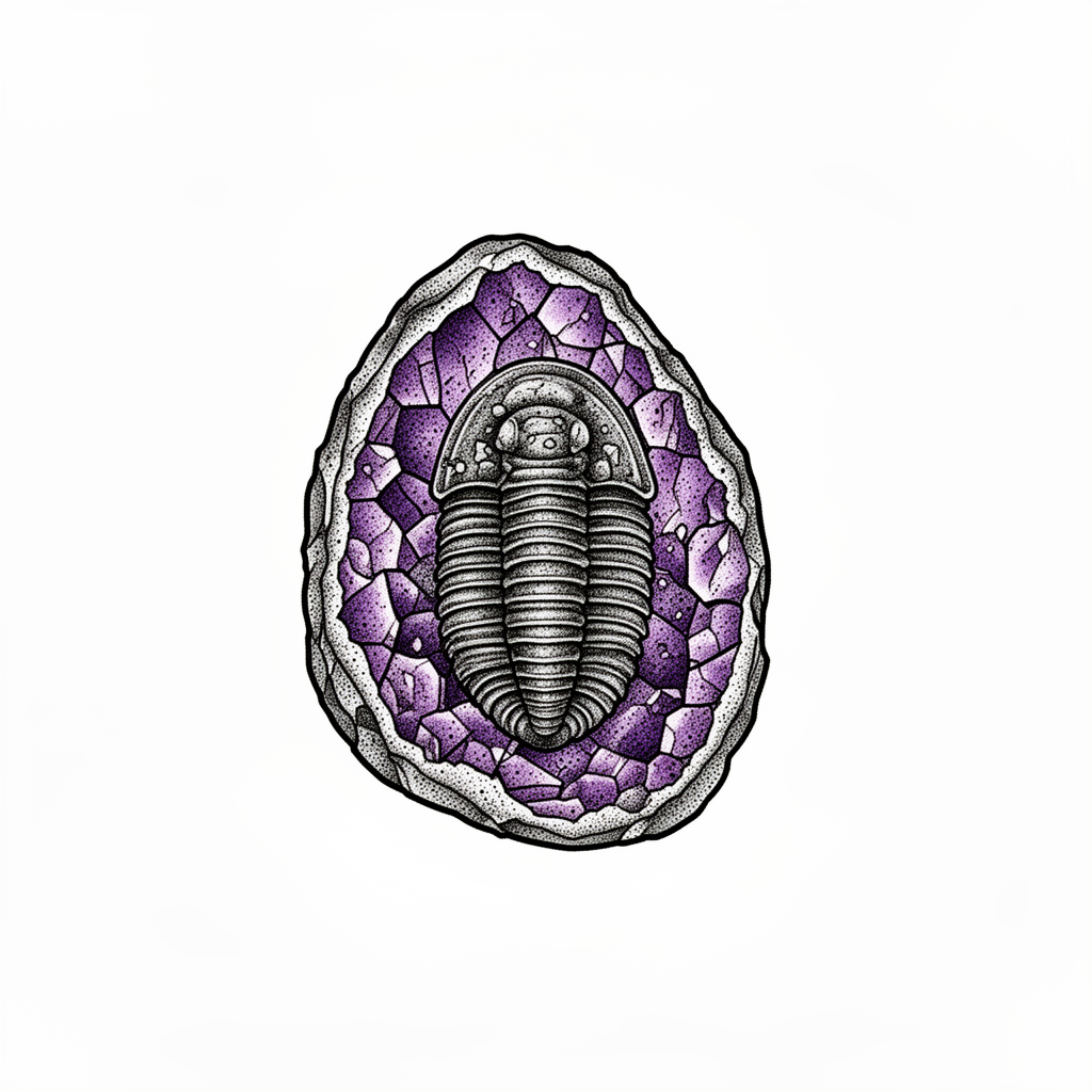 A dotwork trilobite fossil nestled inside a cracked amethyst geode with protective curling halves and a plain background.