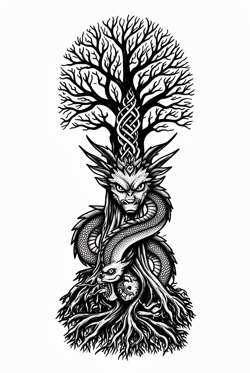 A blackwork Yggdrasil world tree with roots extending into three realms and a dragon coiled at the base.
