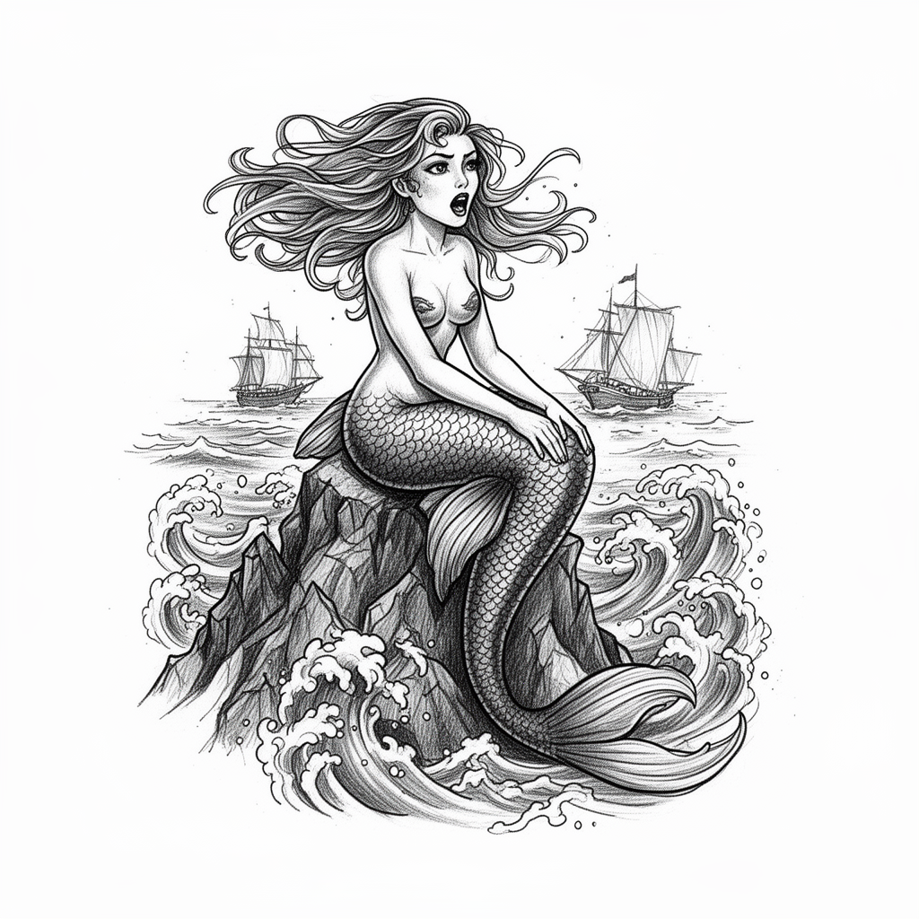 An illustrative siren sits on sea rocks singing as her tail dissolves into crashing ocean waves toward passing ships.