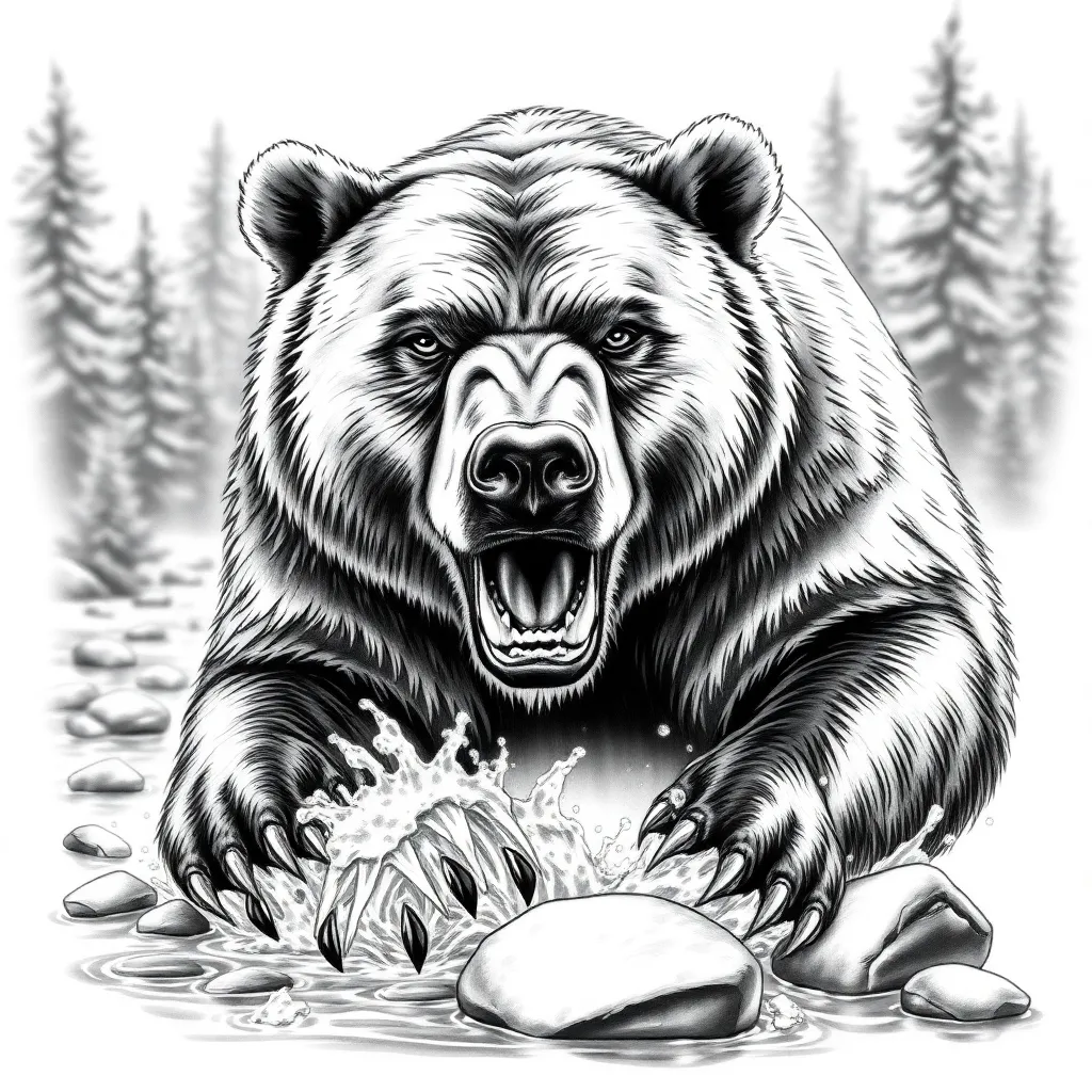 A realistic grizzly bear standing in a mountain stream, paws splashing water as it fishes with pine forest and rocky peaks in the background