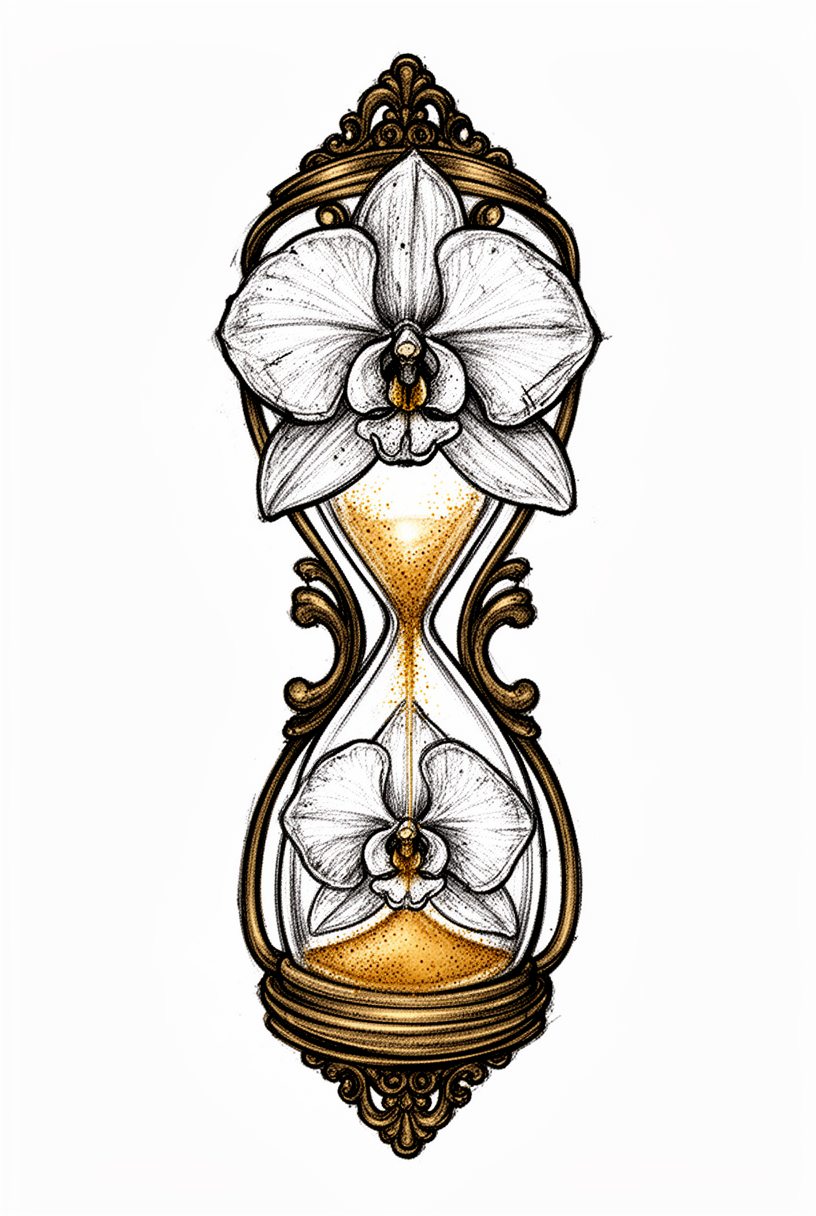Ilustrativní starožitné přesýpací hodiny přepracované s květy orchidejí, vyrytým filigránem a elegantní vertikální symetrií na prostém pozadí.