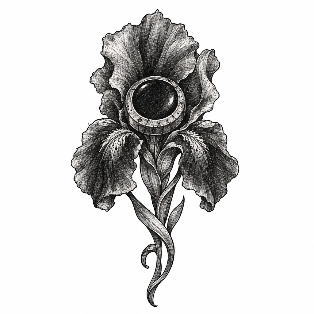 An illustrative tattoo of a typewriter key transformed into a midnight iris with layered petals, engraved details, and Art Nouveau curves.
