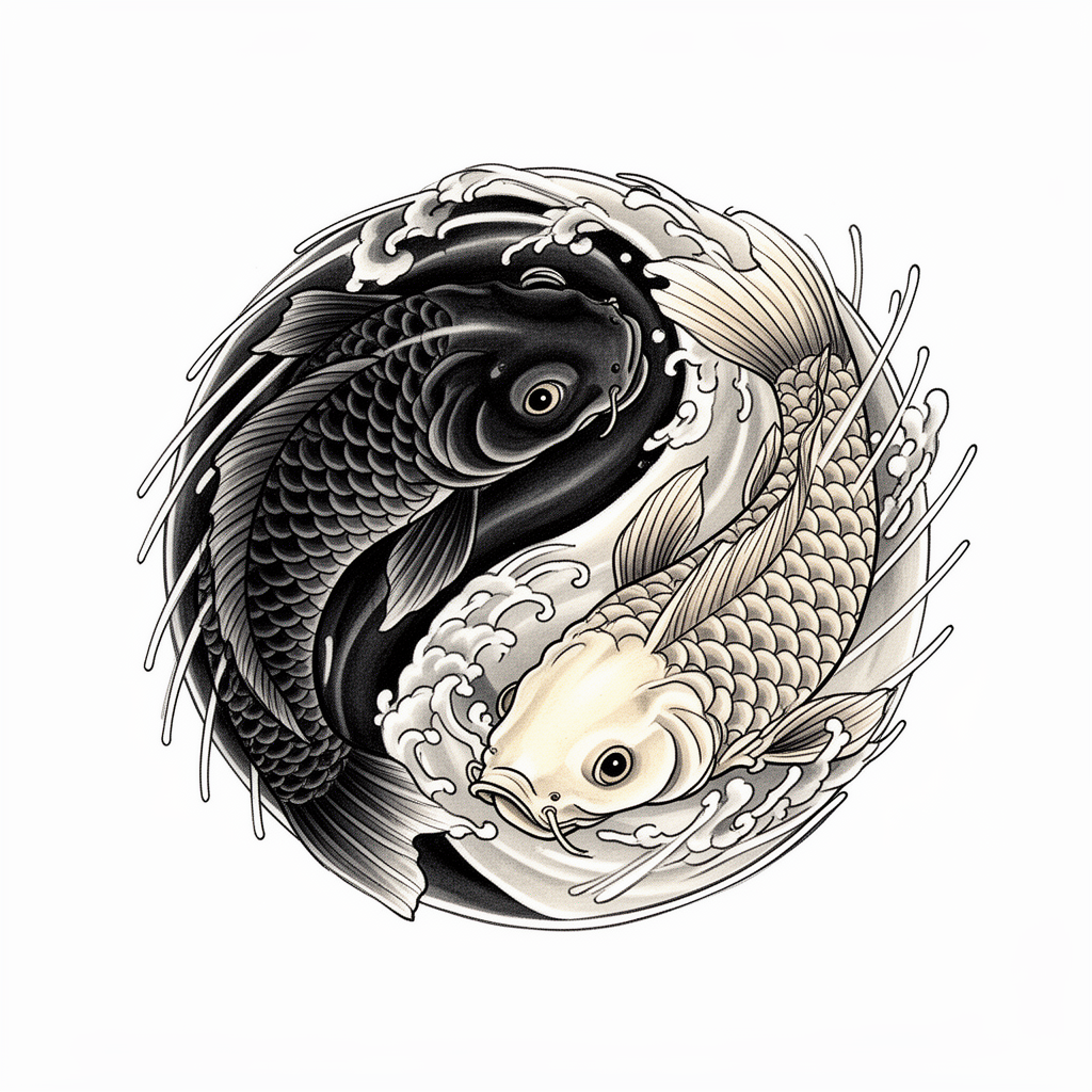 A Japanese-style yin and yang symbol reimagined as two koi fish, one dark and one light, swimming in a circular formation.