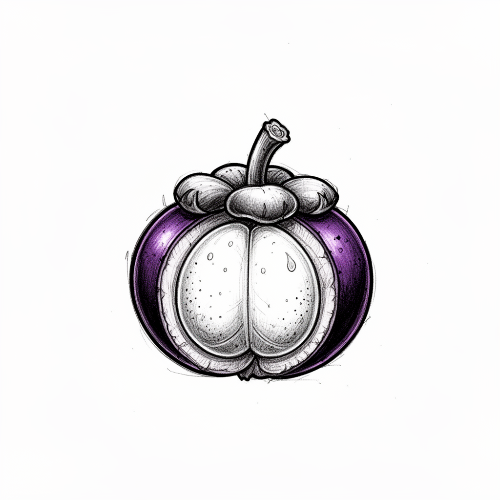An illustrative mangosteen split open like a ceremonial relic, with glossy purple rind petals and a luminous white segmented interior.