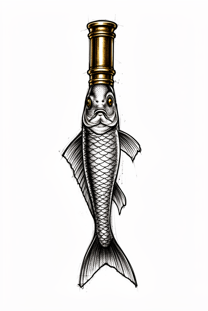An illustrative antique brass pocket telescope reimagined as a regal carp talisman with a scaled body, bead eye, and flowing tail fin on a plain background.