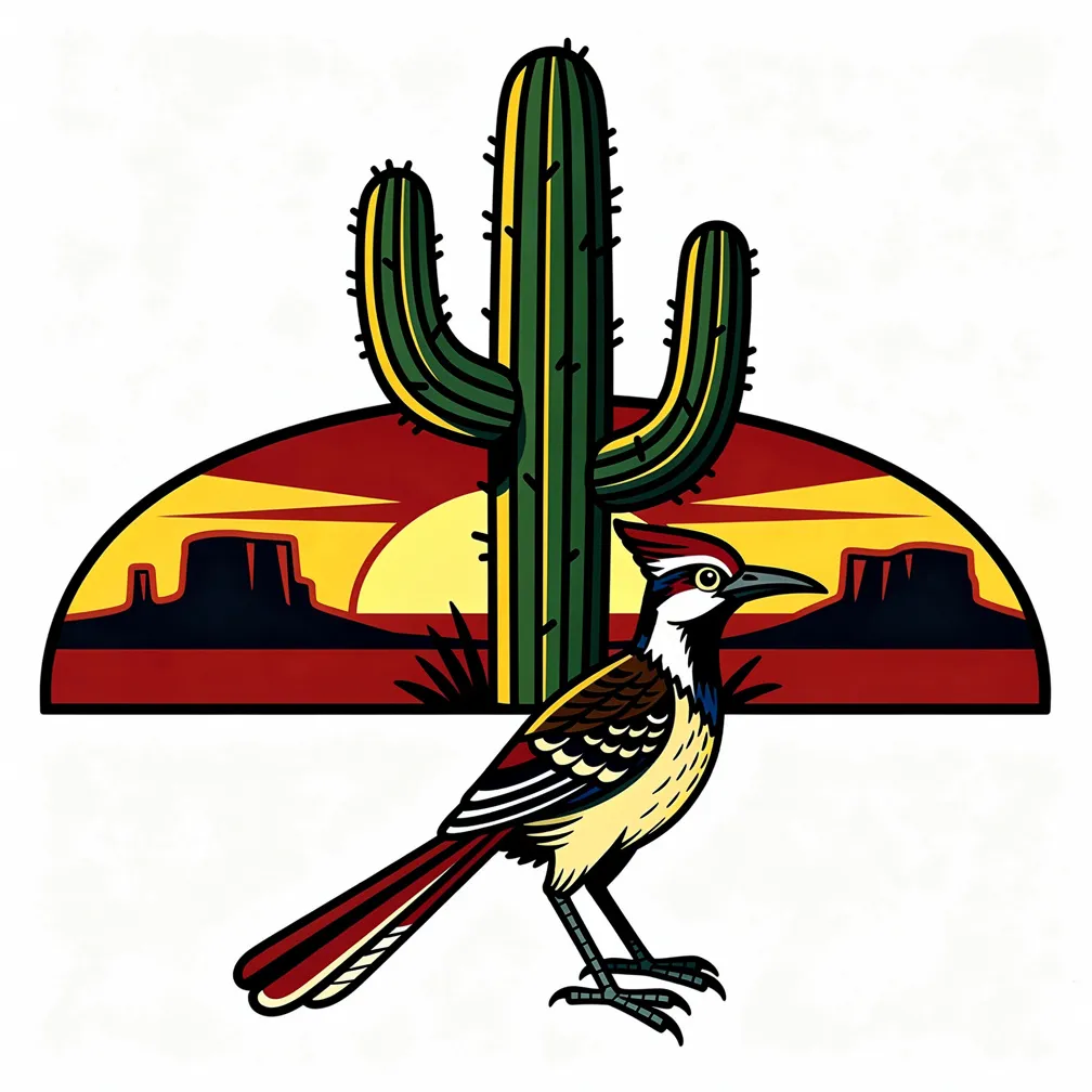 Ökenlandskap i traditionell stil i gyllene timmen med höga saguaro-kaktusar, en vägkucku i förgrunden och avlägsna mesas som silhuetter mot en livfull solnedgång.
