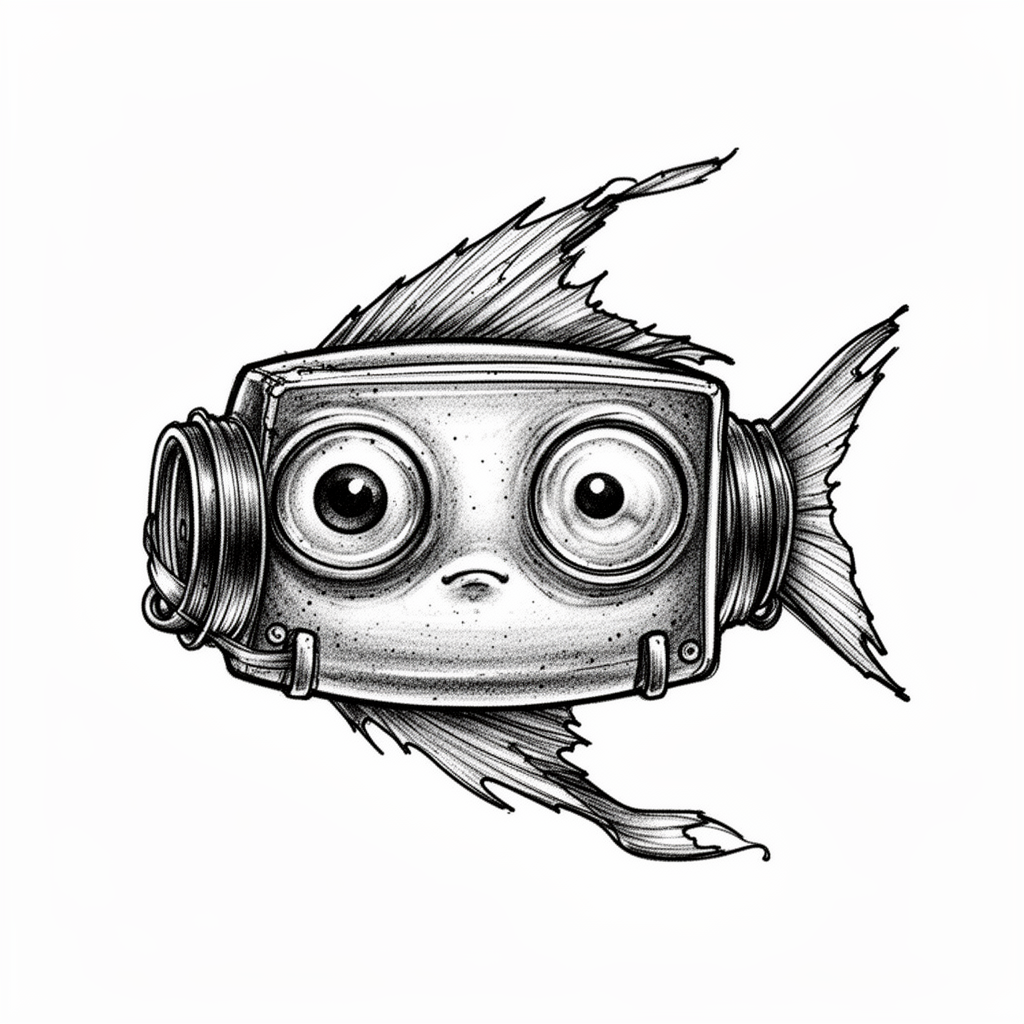 An illustrative sunfish talisman reimagined from a cassette tape spool with translucent eyes, ribbon-like fins, and a calm expression on a plain background.