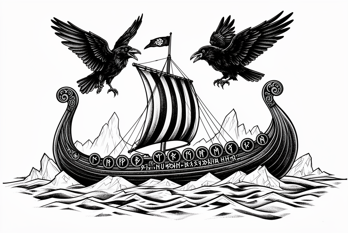 A blackwork Norse longship sails through icy waters with Odin's ravens flying above and runic inscriptions along the hull.