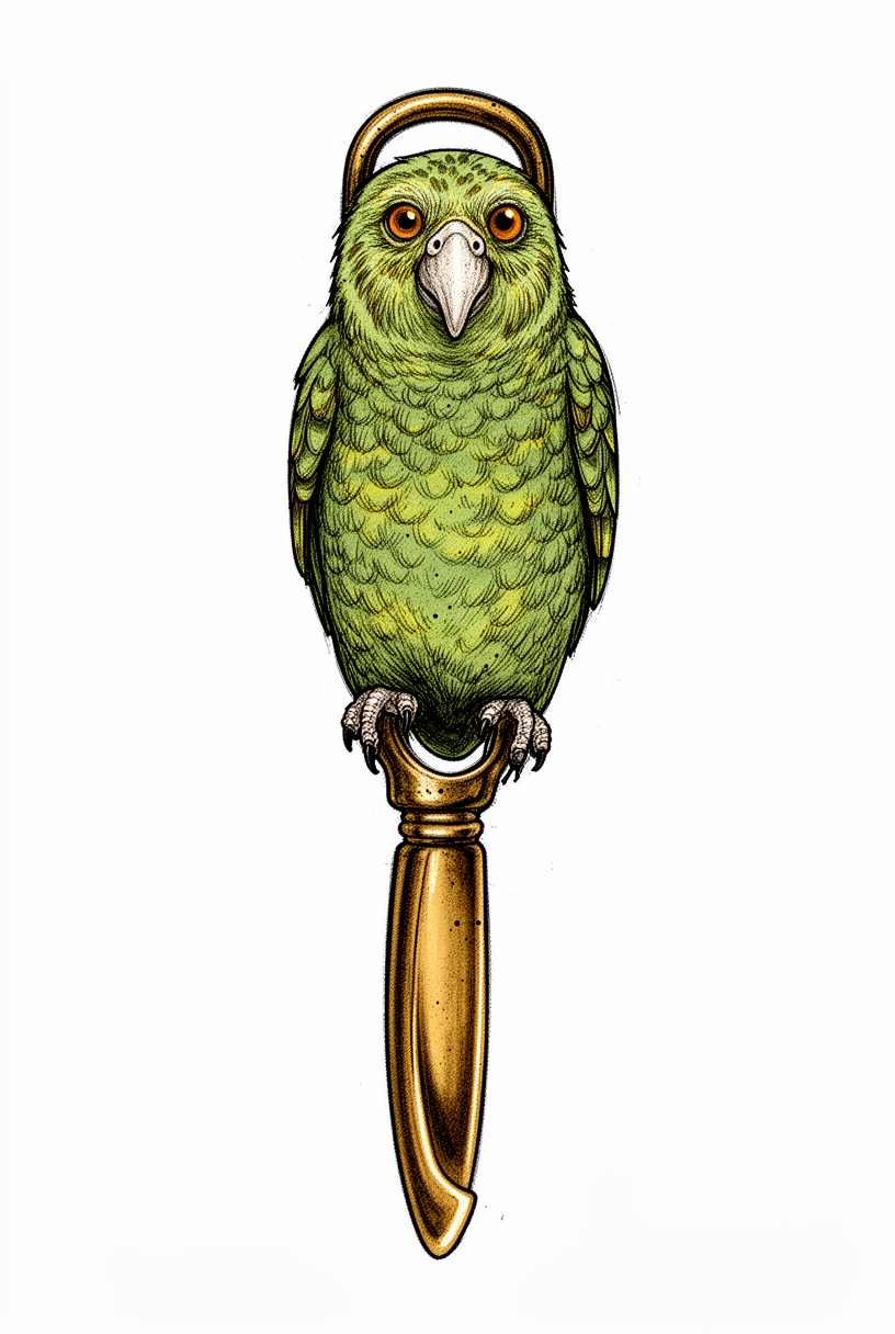 En illustrativ kakapo-talisman inspirert av en antikk østerskniv, med fjærkledd grønn kropp, ravfargede øyne, lyst nebb og en enkel bakgrunn.