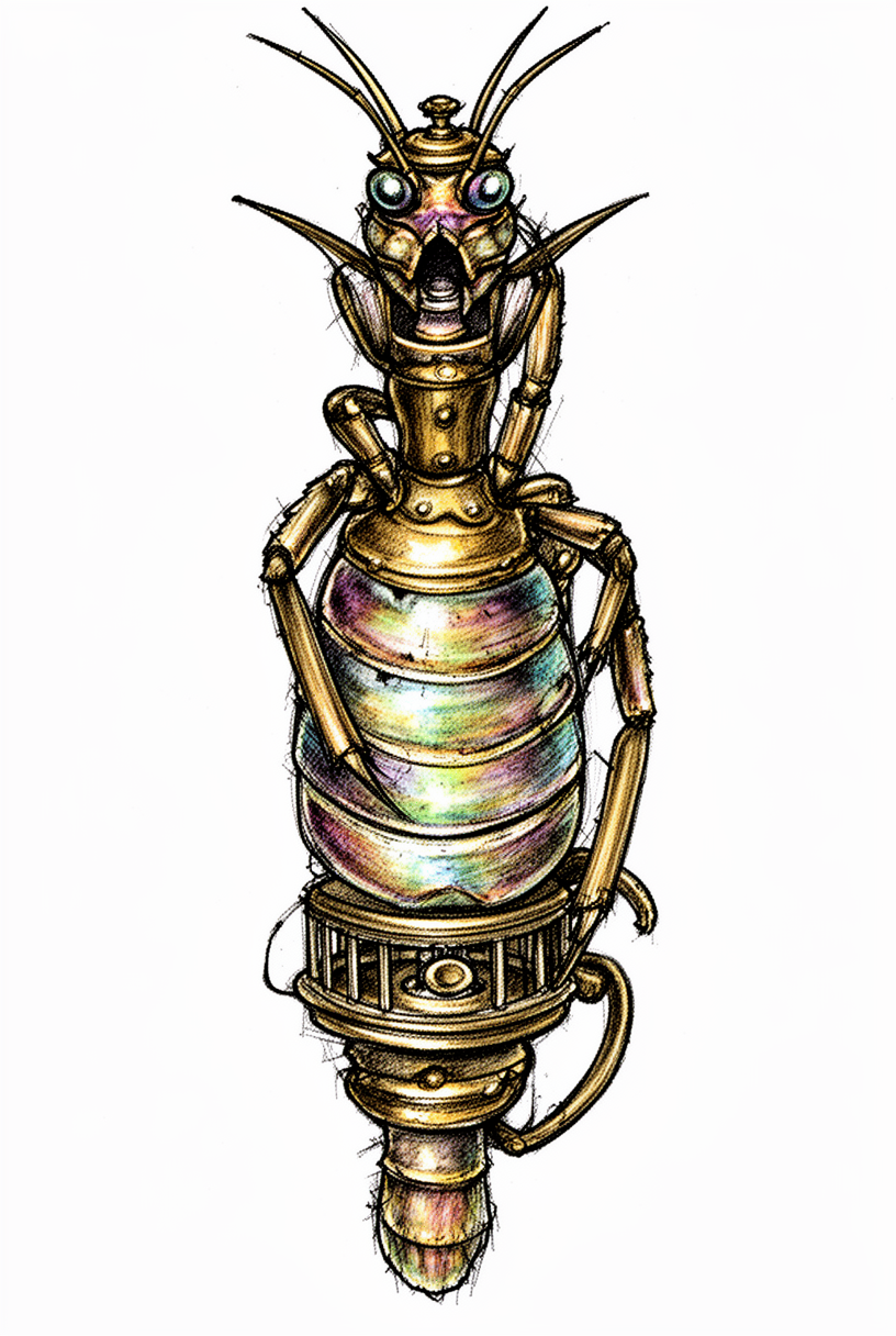 An illustrative tattoo of an antique pocket stove transformed into a mantis shrimp talisman with iridescent armor, spear-like limbs, and a fierce jewel-eyed face.
