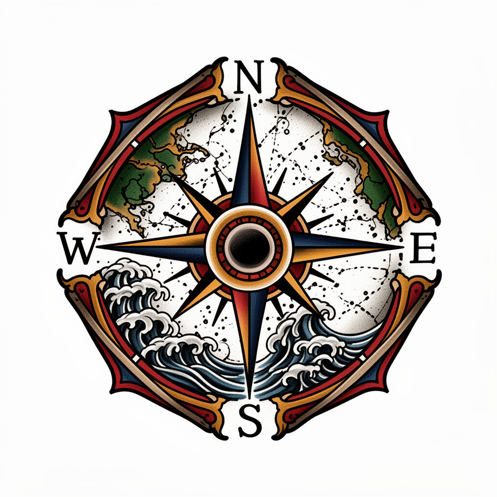 A traditional nautical compass rose with ornate cardinal points, surrounded by a map of uncharted waters.