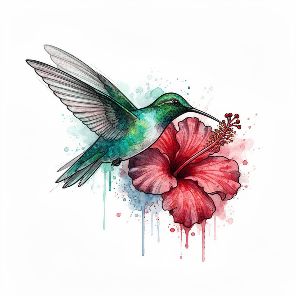 A watercolor hummingbird mid-flight sipping nectar from a tropical hibiscus flower with iridescent feathers and vivid color splashes.
