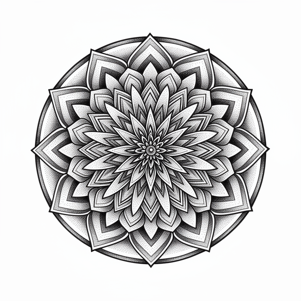 An intricate dotwork mandala with concentric rings of symmetrical geometric petals radiating outward.