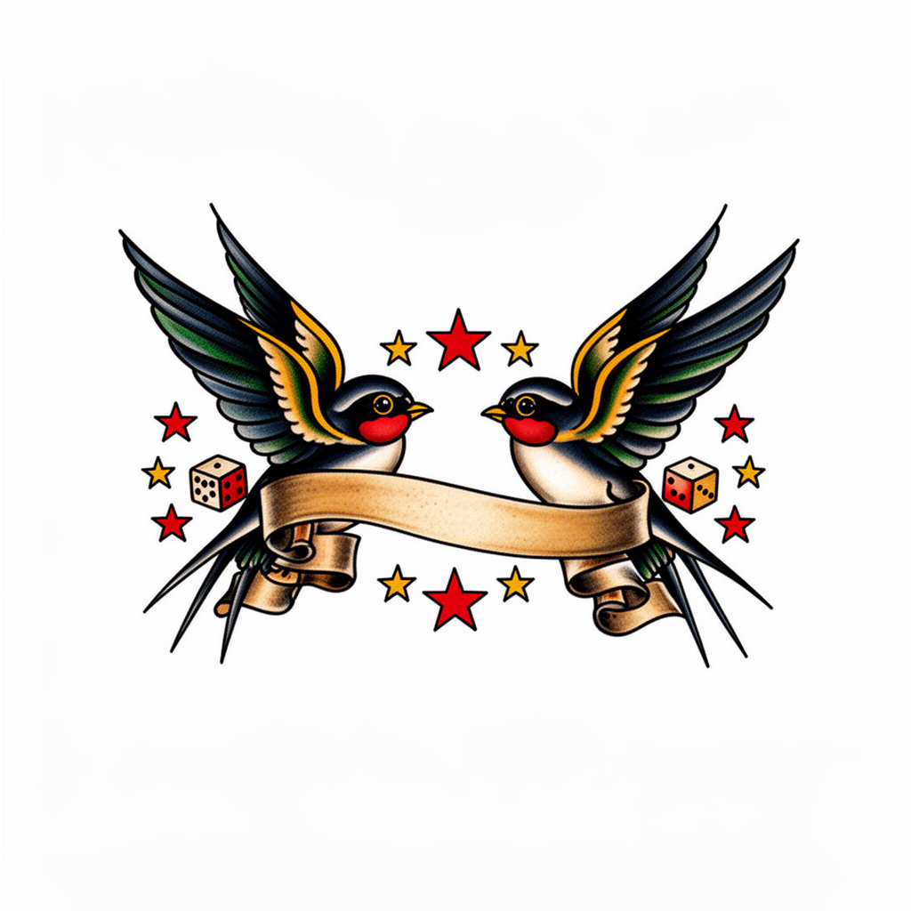 A traditional tattoo of twin swallows carrying a banner ribbon, surrounded by stars and dice in classic sailor style.