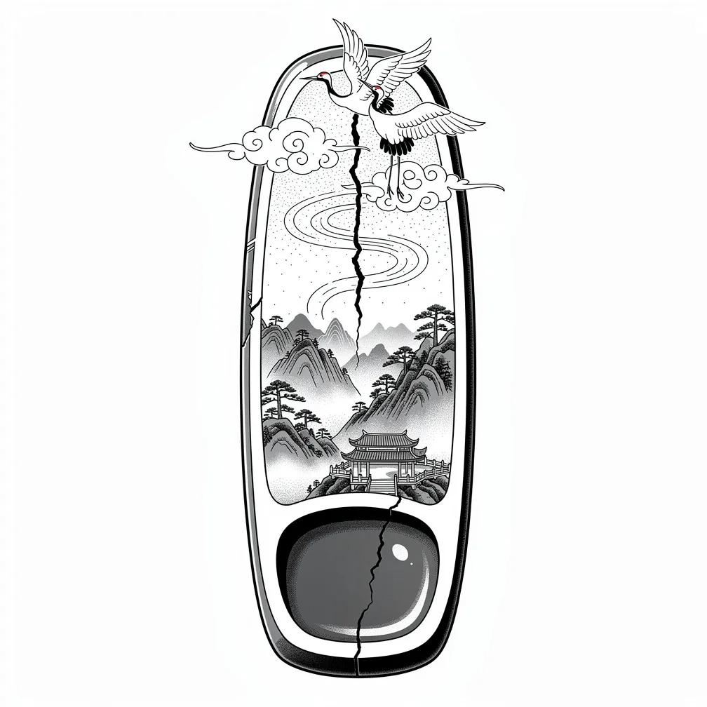 Una pedra d’entintar de traç fi amb una fissura fina que acumula tinta fosca, de la qual s’alça una serralada sumi-e amb pins, terrasses de boira, un temple a la carena i tres grues en espai negatiu.