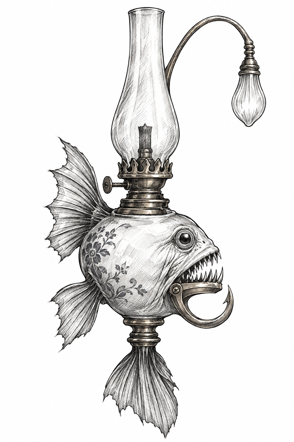 An illustrative antique porcelain oil lamp reimagined as an anglerfish, with a translucent lure, hooked jaw, and calm predatory expression.