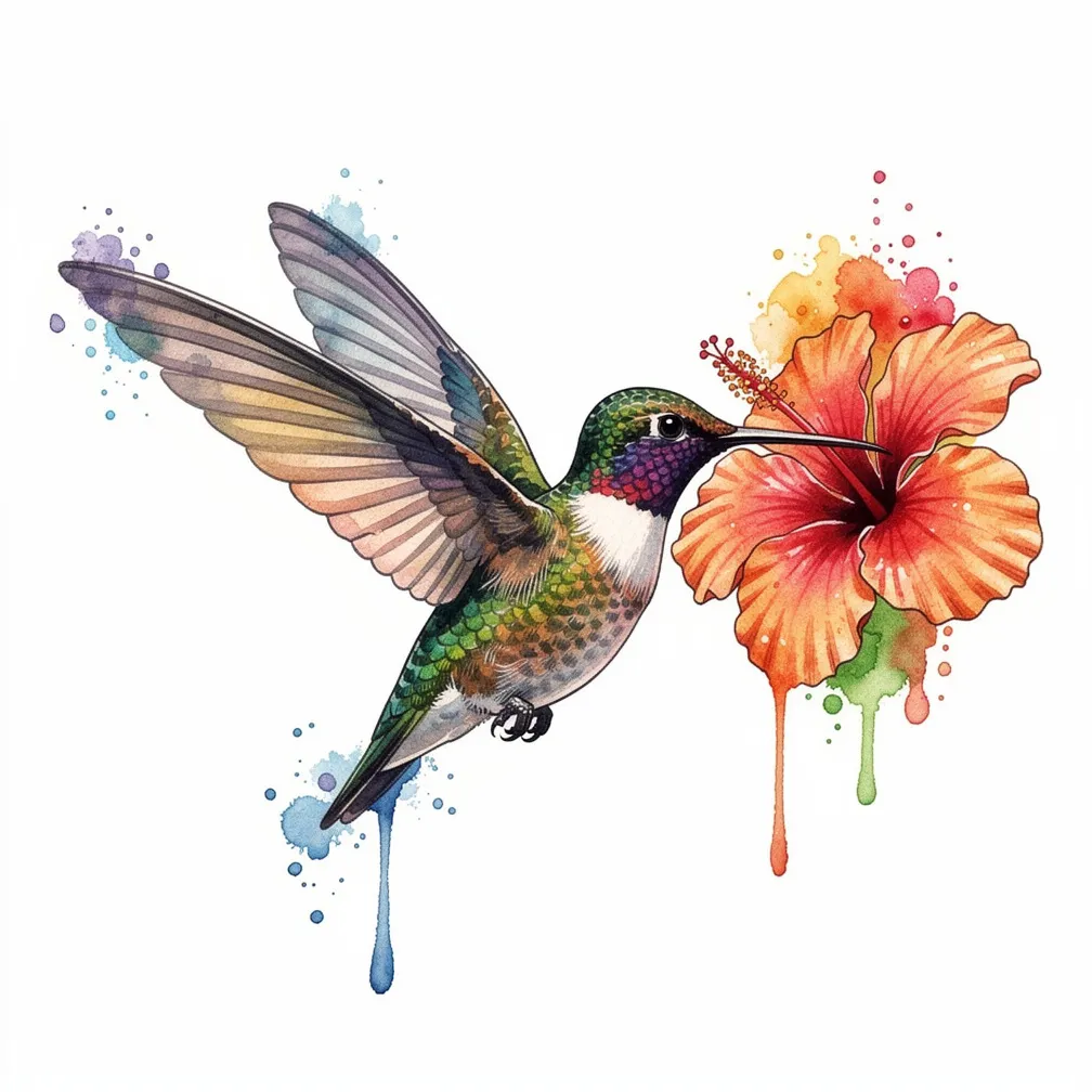 O se manulele hummingbird ua vali i le vali vai o loo lele ma inu sua meli mai se fugalaʻau hibiscus teropika, ma ona fulu felanulanuaʻi ma sausau lanu mālū.