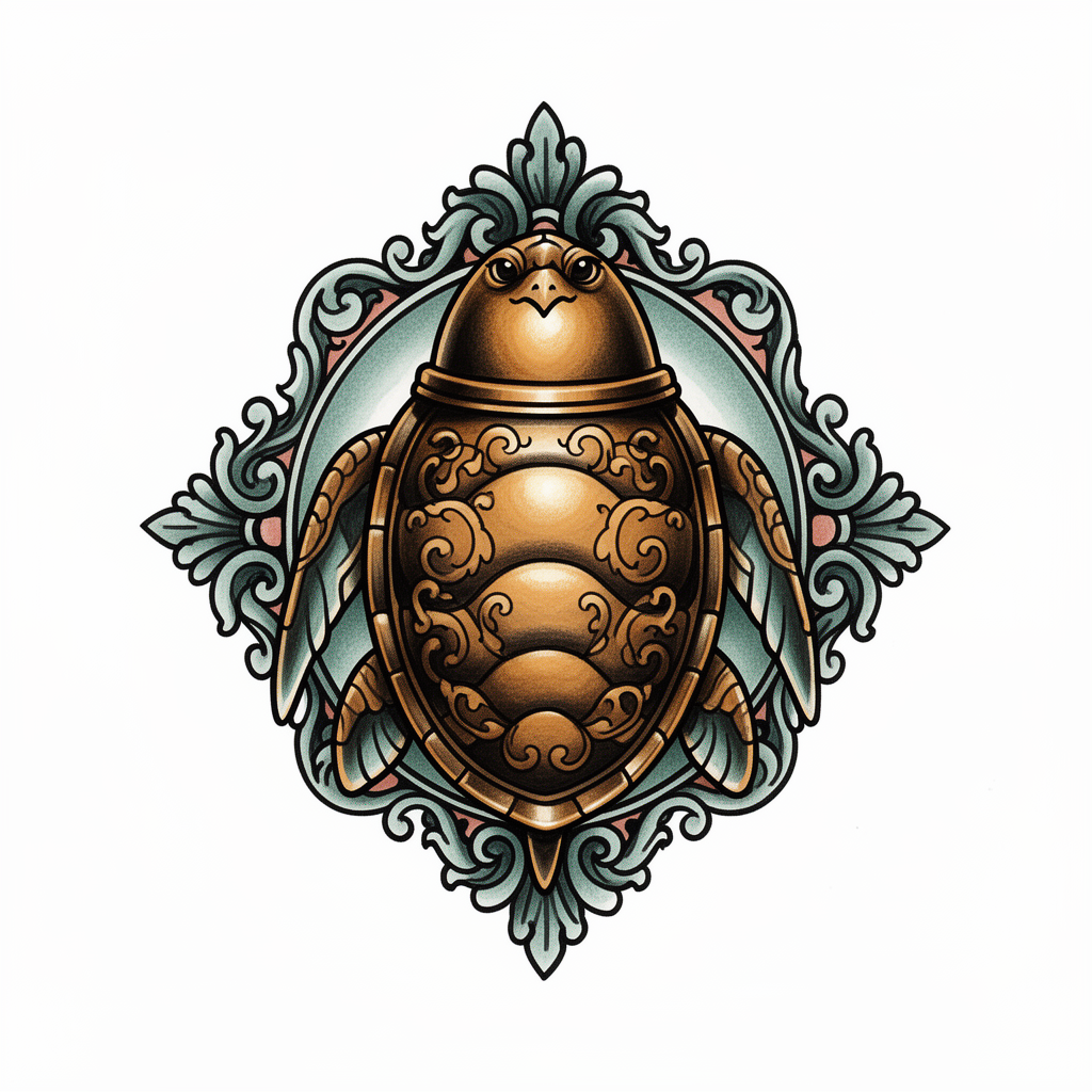 A neo-traditional sea turtle talisman shaped from a vintage brass radiator cap, with etched scrollwork, sturdy flippers, and a calm expression.