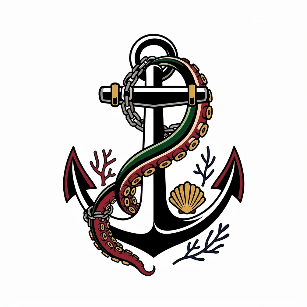 A traditional tattoo of a ship’s anchor wrapped in octopus tentacles, with seashells and coral growing along the chain in bold lines and classic colors.