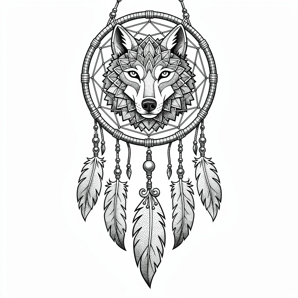 Isang dreamcatcher na may dotwork, na may silweta ng lobong hinabi sa sapot, at mga nakabiting balahibo at butil sa mga panaling katad.