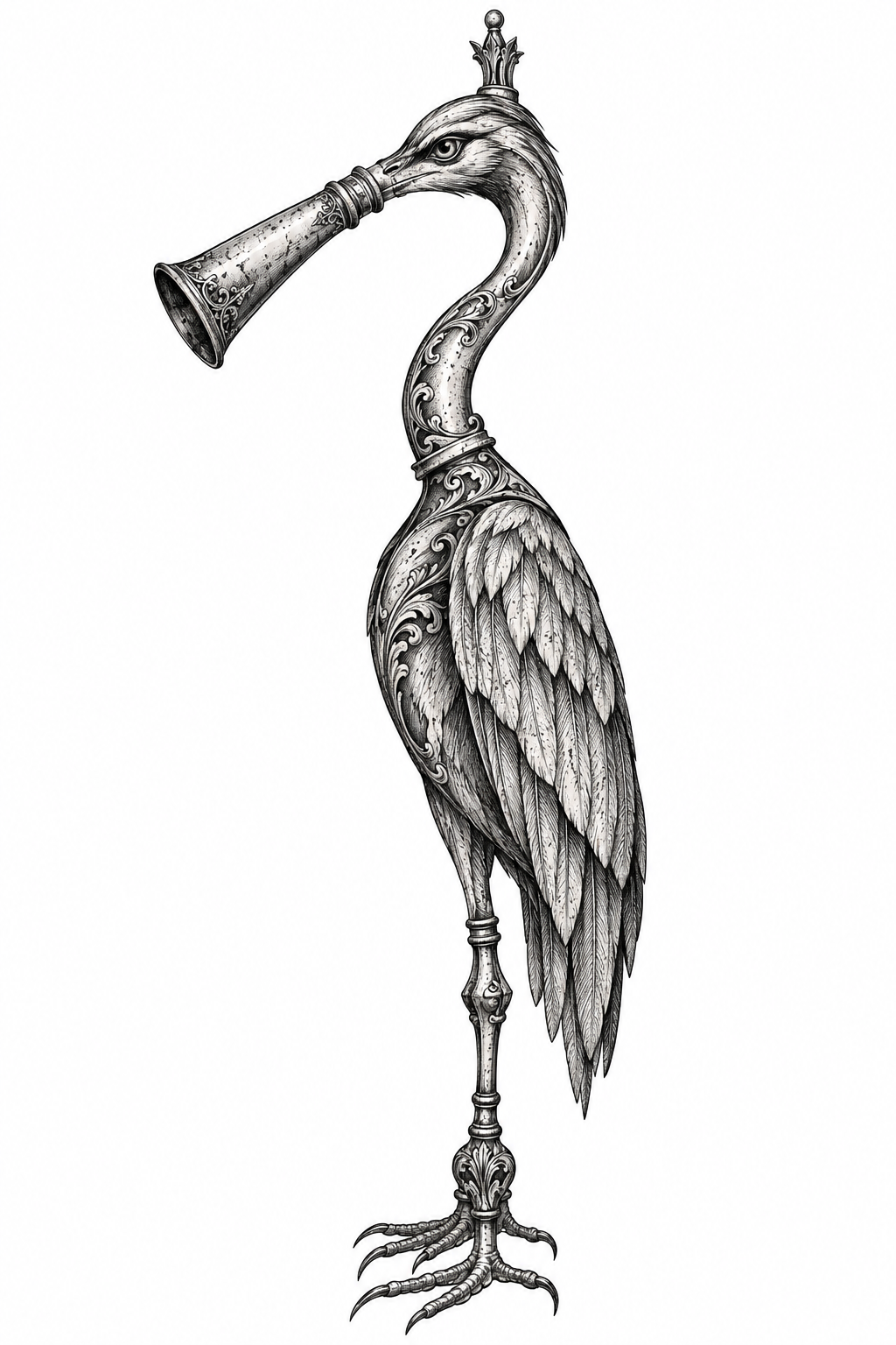 An illustrative vertical tattoo of an antique candle snuffer transformed into a heron with etched filigree, a brass beak, and subtle patina.