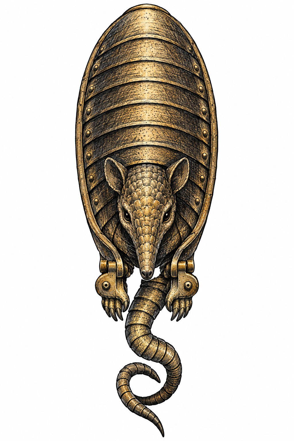An illustrative armadillo talisman formed from an antique brass barber chair footrest, with ribbed armor plates, a coiled tail, and a calm face on a plain background.