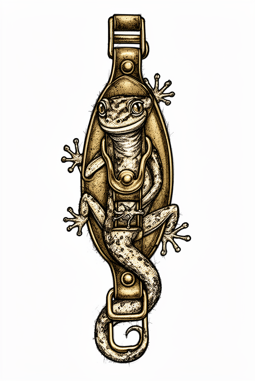 An illustrative tattoo of an antique brass buckle transformed into a leaf-tailed gecko talisman with moss-edged body, curling tail, and wide watchful eyes.