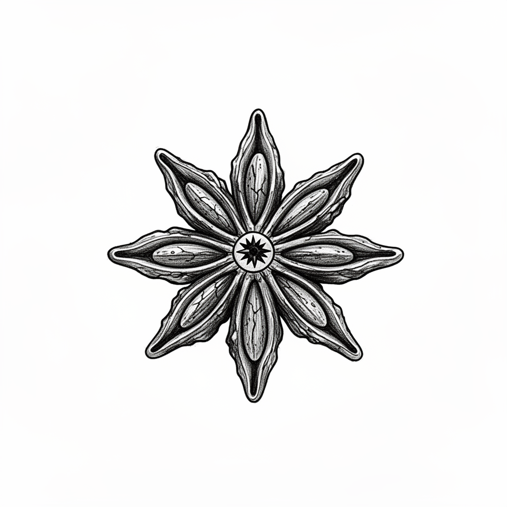 An illustrative star anise pod rendered like a ceremonial botanical relic with eight pointed arms and a dark central seed chamber.