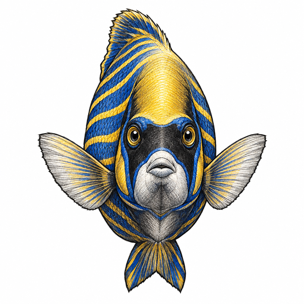 An illustrative portrait of a single emperor angelfish with electric blue and gold bands, a dark mask, and a calm regal expression on a plain background.