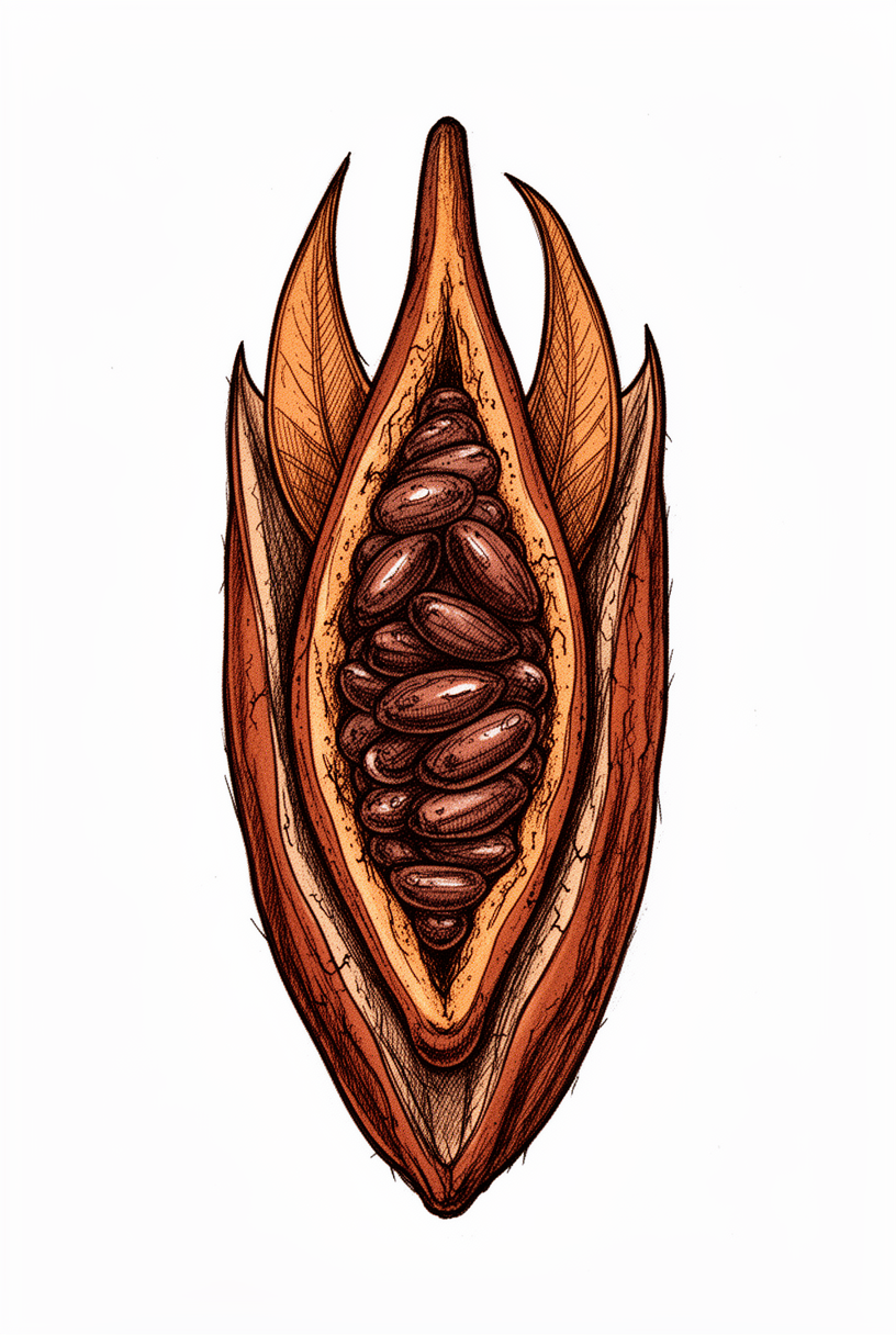 An illustrative front-facing opened cacao pod with split curved husk, glossy beans, fine vein lines, and warm earthy shading on a plain background.