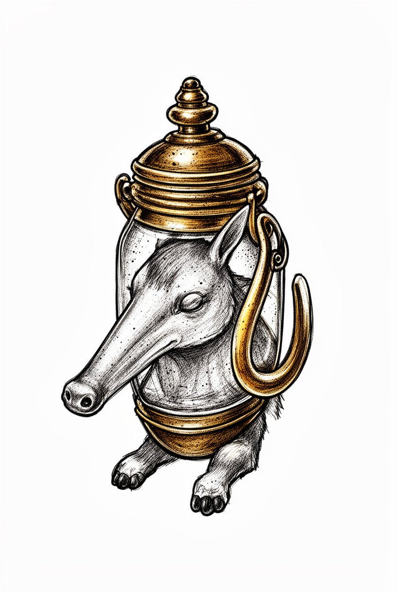 An illustrative tattoo of a vintage brass pocket inkpot reimagined as a sleepy aardvark talisman with engraved seams, patina, and a plain background.