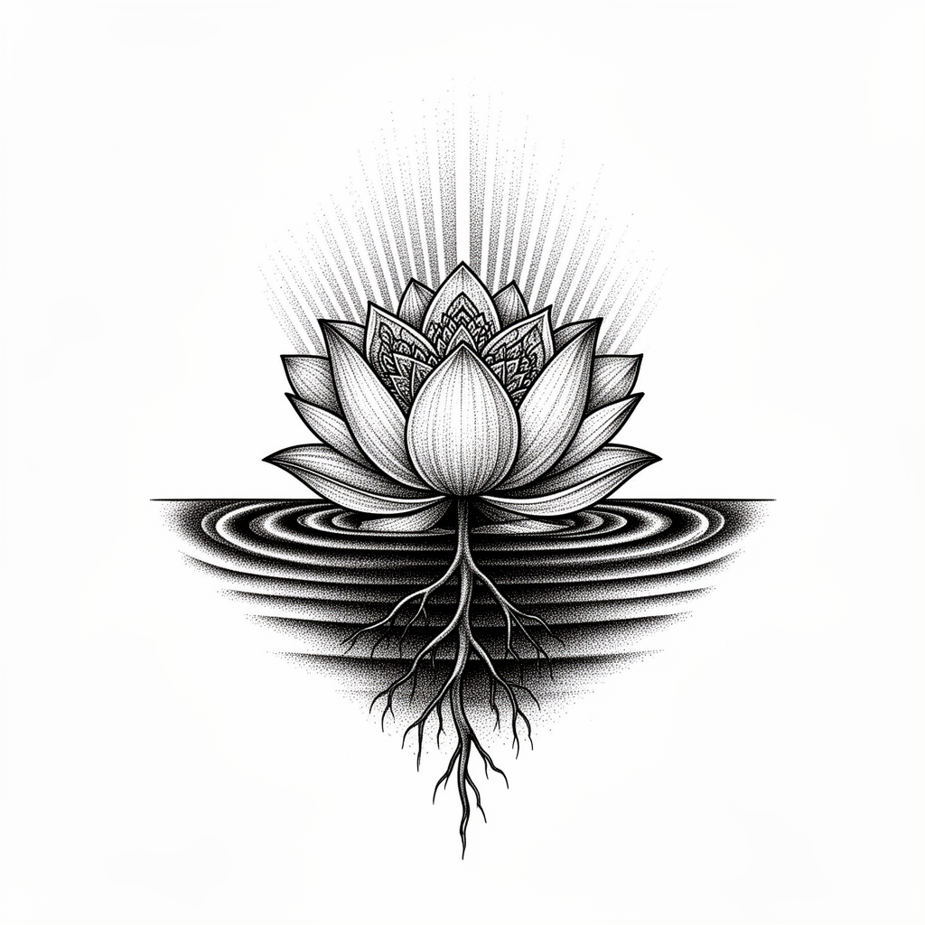 A dotwork lotus flower rises from dark water with visible roots below and radiant beams streaming upward.
