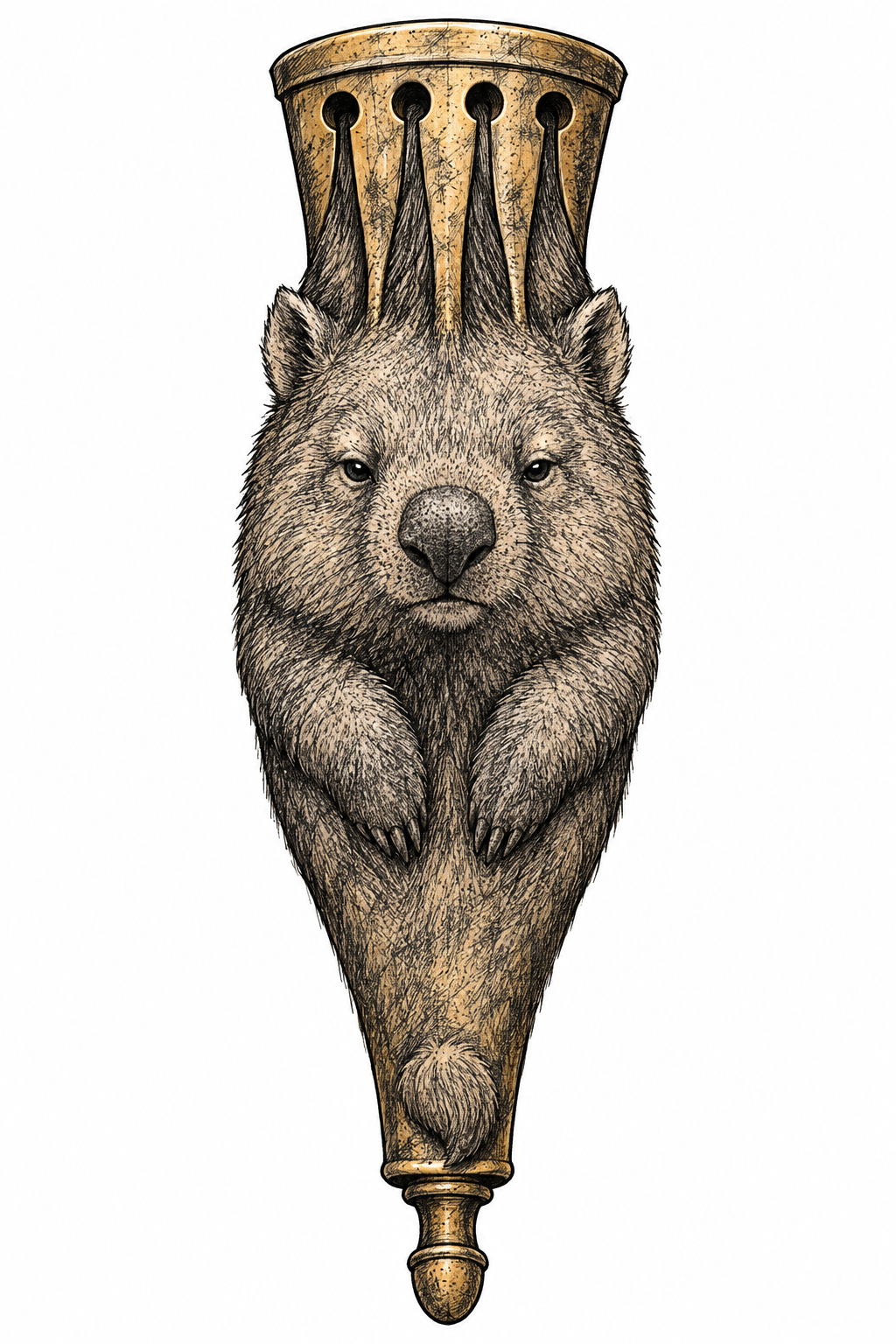 An illustrative wombat talisman reimagined from an antique brass violin tailpiece, with rounded fur grooves, a tucked tail, and a blunt sleepy face on a plain background.
